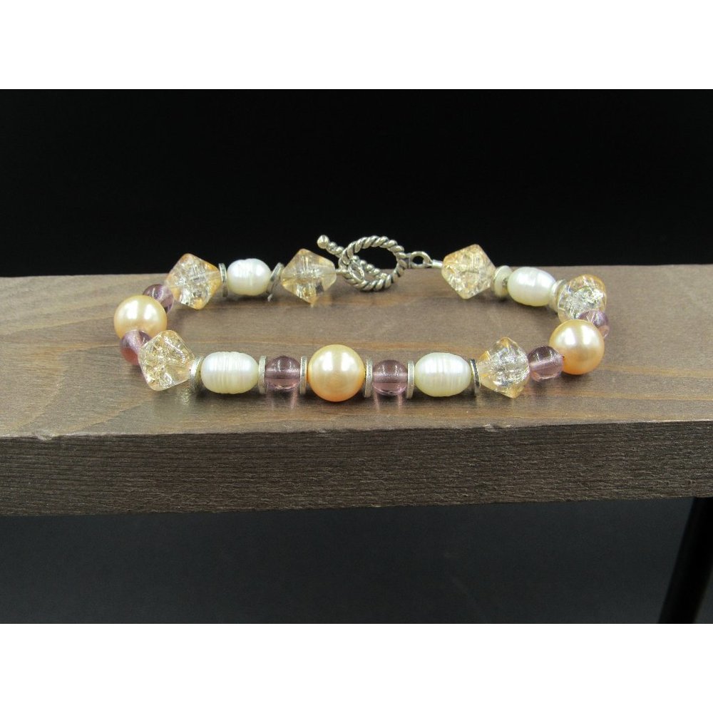 7" Sterling Silver Various Glass And Simple Pearls Bracelet Vintage Elegant